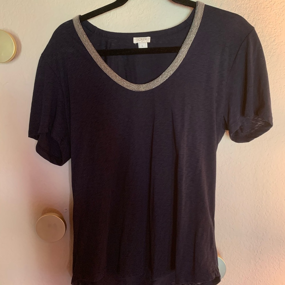 J Crew navy tee with beaded collar